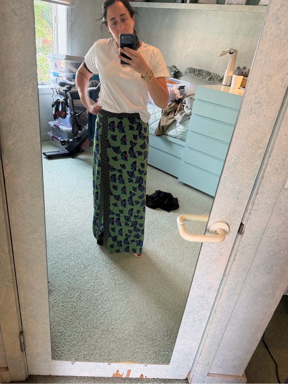 Green Floral Split Maxi Skirt with Blue Accents - Picture 7 of 9